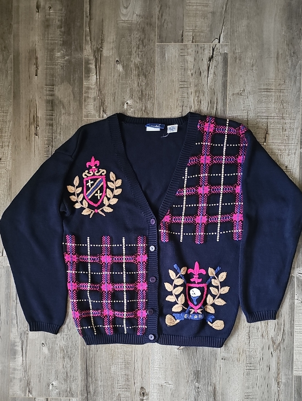 EP Pro Navy Cardigan Pink Plaid Embroidered Crest Vintage Size M 90s 100% Cotton